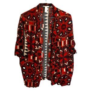 H&M Tribal Tiki Print Kimono Shirt Red Orange Black Geometric Boho Size XS